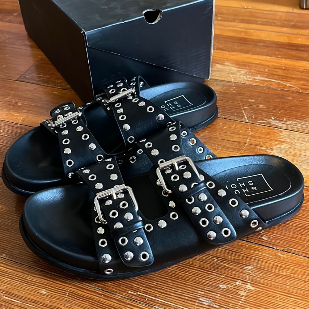 ShuShop Mail black silver stud sandals 7.5 NWB